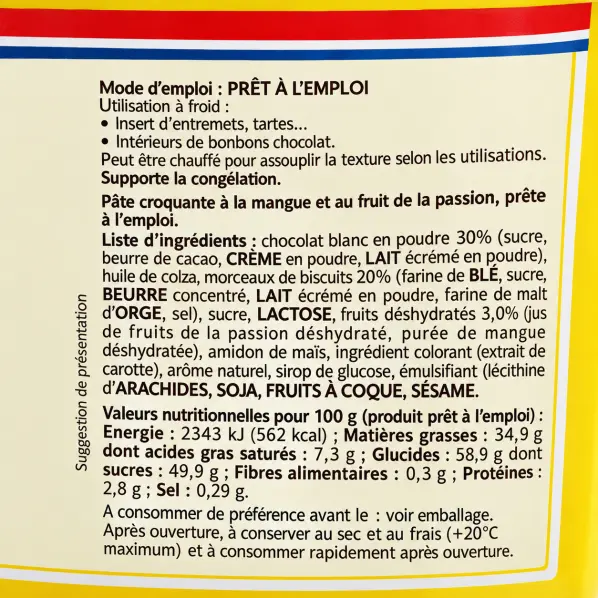 fourrage croquant chocolat blanc en seau de 3 kg