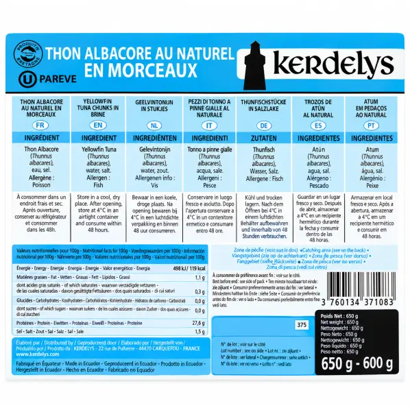 Morceaux de Thon Albacore au Naturel – Poche 650 g KERDELYS